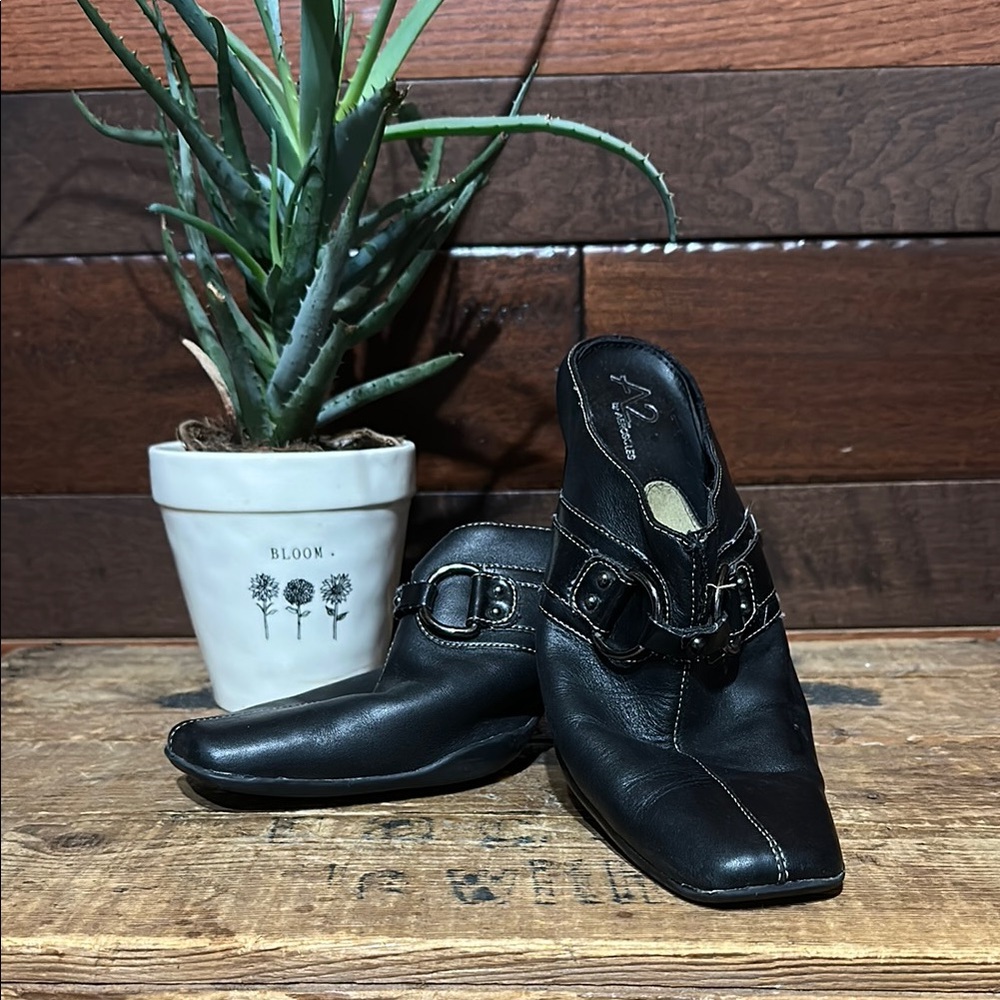 A2 By Aerosoles Black Leather Mules with Buckle Detail